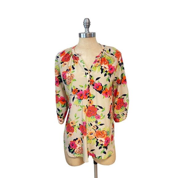 Yumi Kim Women’s Peonies Bloom Floral Pink Orange Blouse Top Medium - Picture 2 of 6